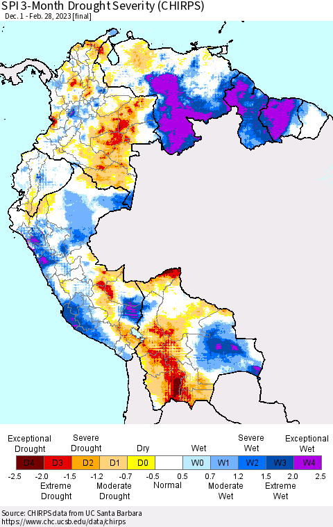 Northern South America SPI 3-Month Drought Severity (CHIRPS) Thematic Map For 12/1/2022 - 2/28/2023