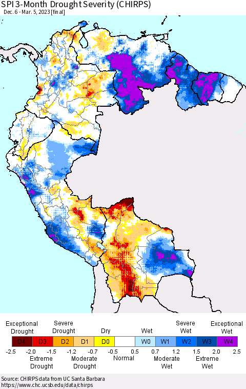 Northern South America SPI 3-Month Drought Severity (CHIRPS) Thematic Map For 12/6/2022 - 3/5/2023