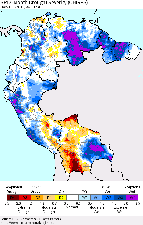 Northern South America SPI 3-Month Drought Severity (CHIRPS) Thematic Map For 12/11/2022 - 3/10/2023