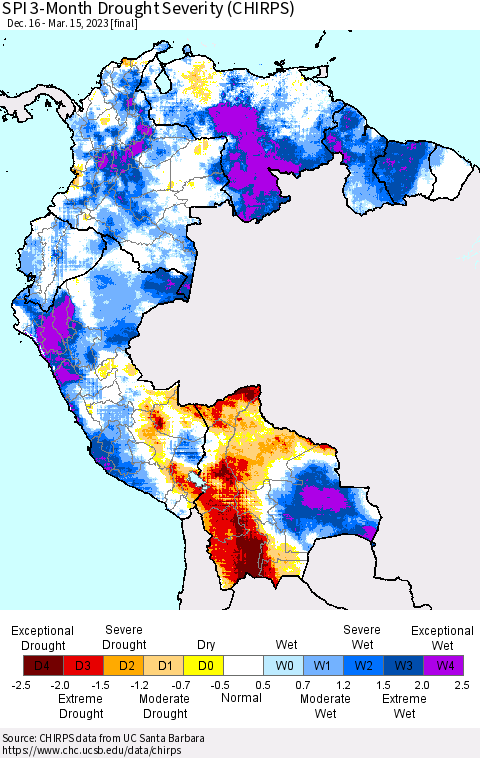 Northern South America SPI 3-Month Drought Severity (CHIRPS) Thematic Map For 12/16/2022 - 3/15/2023