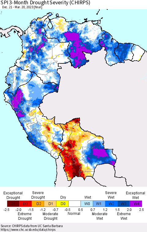 Northern South America SPI 3-Month Drought Severity (CHIRPS) Thematic Map For 12/21/2022 - 3/20/2023