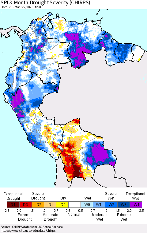 Northern South America SPI 3-Month Drought Severity (CHIRPS) Thematic Map For 12/26/2022 - 3/25/2023