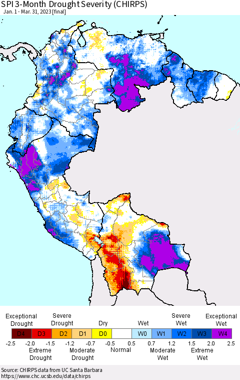 Northern South America SPI 3-Month Drought Severity (CHIRPS) Thematic Map For 1/1/2023 - 3/31/2023