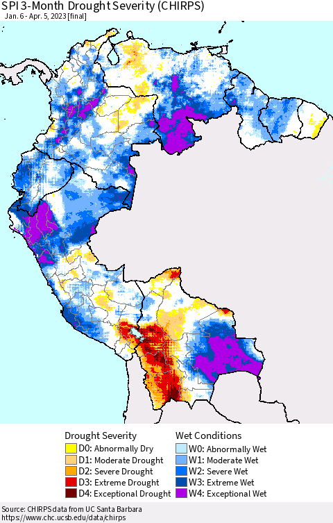 Northern South America SPI 3-Month Drought Severity (CHIRPS) Thematic Map For 1/6/2023 - 4/5/2023