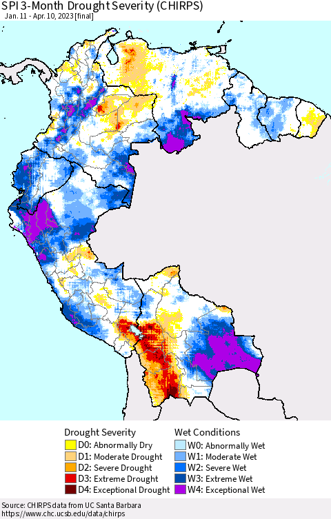 Northern South America SPI 3-Month Drought Severity (CHIRPS) Thematic Map For 1/11/2023 - 4/10/2023