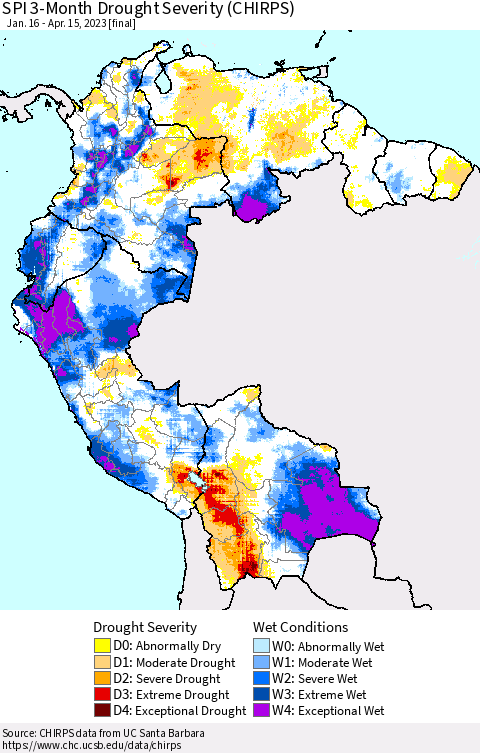Northern South America SPI 3-Month Drought Severity (CHIRPS) Thematic Map For 1/16/2023 - 4/15/2023