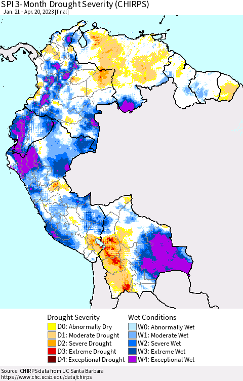 Northern South America SPI 3-Month Drought Severity (CHIRPS) Thematic Map For 1/21/2023 - 4/20/2023