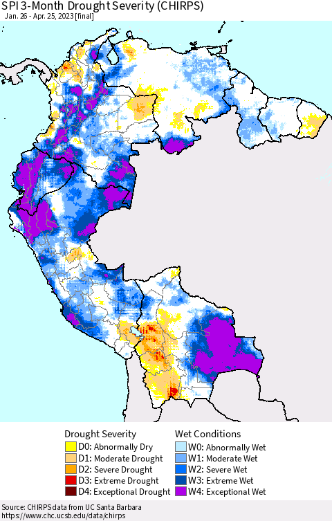 Northern South America SPI 3-Month Drought Severity (CHIRPS) Thematic Map For 1/26/2023 - 4/25/2023