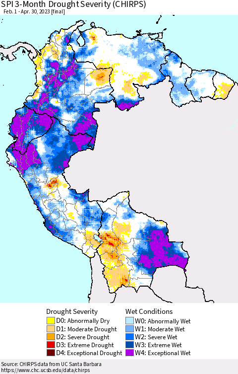 Northern South America SPI 3-Month Drought Severity (CHIRPS) Thematic Map For 2/1/2023 - 4/30/2023