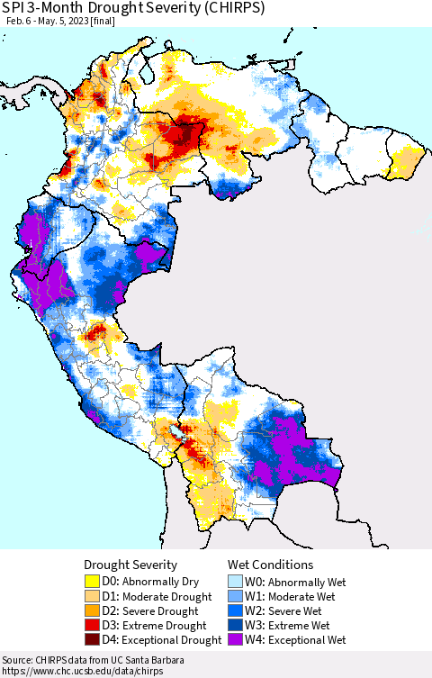 Northern South America SPI 3-Month Drought Severity (CHIRPS) Thematic Map For 2/6/2023 - 5/5/2023