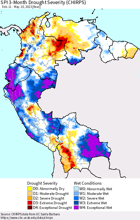 Northern South America SPI 3-Month Drought Severity (CHIRPS) Thematic Map For 2/11/2023 - 5/10/2023