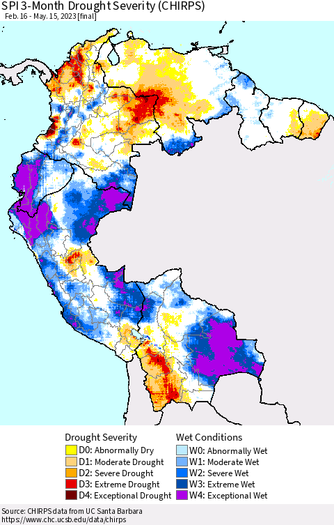 Northern South America SPI 3-Month Drought Severity (CHIRPS) Thematic Map For 2/16/2023 - 5/15/2023
