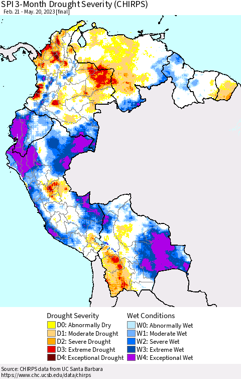 Northern South America SPI 3-Month Drought Severity (CHIRPS) Thematic Map For 2/21/2023 - 5/20/2023