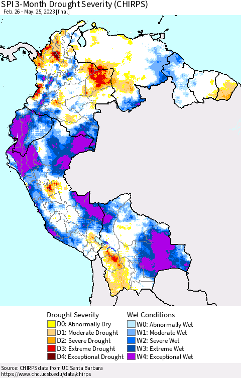 Northern South America SPI 3-Month Drought Severity (CHIRPS) Thematic Map For 2/26/2023 - 5/25/2023