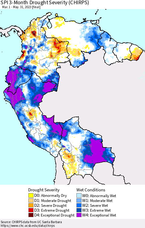 Northern South America SPI 3-Month Drought Severity (CHIRPS) Thematic Map For 3/1/2023 - 5/31/2023