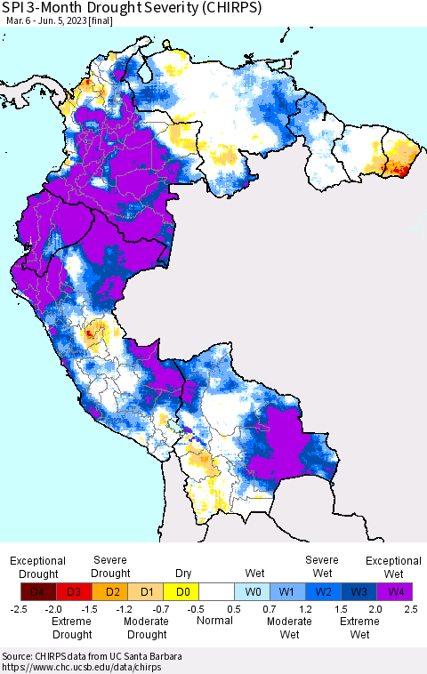Northern South America SPI 3-Month Drought Severity (CHIRPS) Thematic Map For 3/6/2023 - 6/5/2023