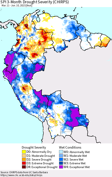 Northern South America SPI 3-Month Drought Severity (CHIRPS) Thematic Map For 3/11/2023 - 6/10/2023