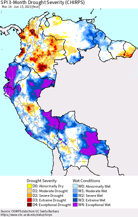 Northern South America SPI 3-Month Drought Severity (CHIRPS) Thematic Map For 3/16/2023 - 6/15/2023