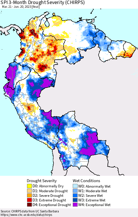 Northern South America SPI 3-Month Drought Severity (CHIRPS) Thematic Map For 3/21/2023 - 6/20/2023