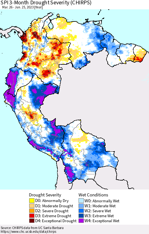 Northern South America SPI 3-Month Drought Severity (CHIRPS) Thematic Map For 3/26/2023 - 6/25/2023