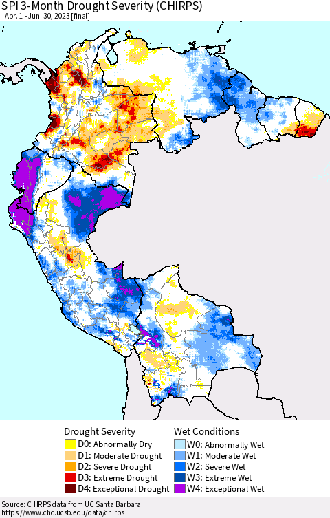 Northern South America SPI 3-Month Drought Severity (CHIRPS) Thematic Map For 4/1/2023 - 6/30/2023