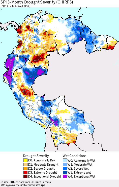Northern South America SPI 3-Month Drought Severity (CHIRPS) Thematic Map For 4/6/2023 - 7/5/2023