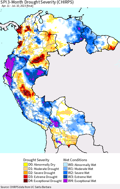 Northern South America SPI 3-Month Drought Severity (CHIRPS) Thematic Map For 4/11/2023 - 7/10/2023