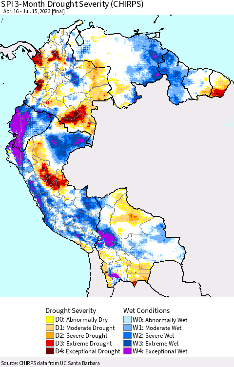 Northern South America SPI 3-Month Drought Severity (CHIRPS) Thematic Map For 4/16/2023 - 7/15/2023