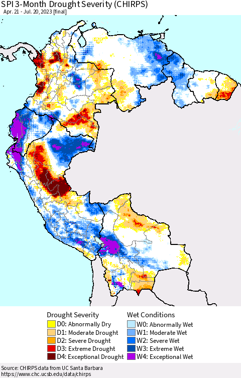 Northern South America SPI 3-Month Drought Severity (CHIRPS) Thematic Map For 4/21/2023 - 7/20/2023