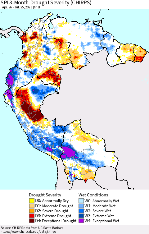 Northern South America SPI 3-Month Drought Severity (CHIRPS) Thematic Map For 4/26/2023 - 7/25/2023