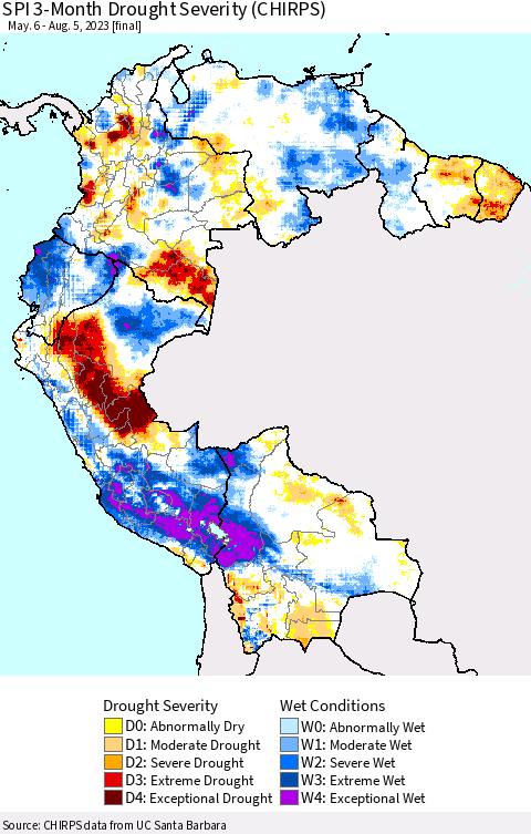 Northern South America SPI 3-Month Drought Severity (CHIRPS) Thematic Map For 5/6/2023 - 8/5/2023