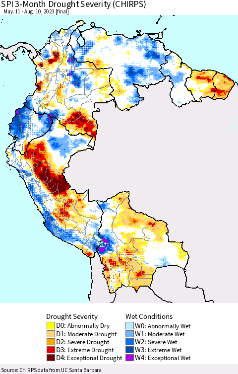 Northern South America SPI 3-Month Drought Severity (CHIRPS) Thematic Map For 5/11/2023 - 8/10/2023