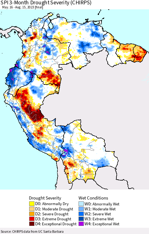 Northern South America SPI 3-Month Drought Severity (CHIRPS) Thematic Map For 5/16/2023 - 8/15/2023