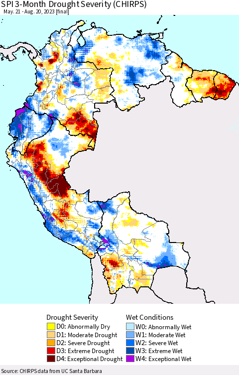 Northern South America SPI 3-Month Drought Severity (CHIRPS) Thematic Map For 5/21/2023 - 8/20/2023