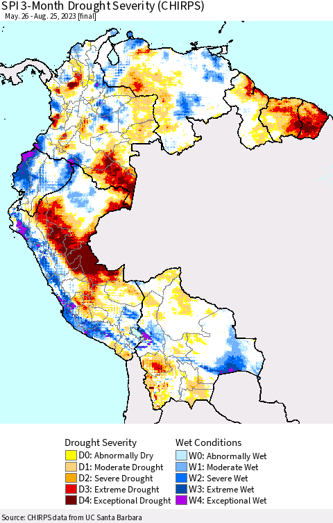 Northern South America SPI 3-Month Drought Severity (CHIRPS) Thematic Map For 5/26/2023 - 8/25/2023