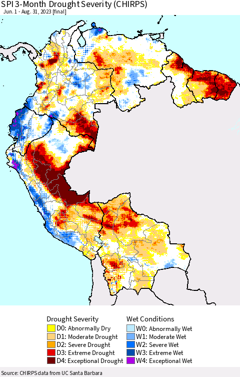 Northern South America SPI 3-Month Drought Severity (CHIRPS) Thematic Map For 6/1/2023 - 8/31/2023