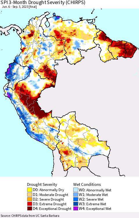 Northern South America SPI 3-Month Drought Severity (CHIRPS) Thematic Map For 6/6/2023 - 9/5/2023