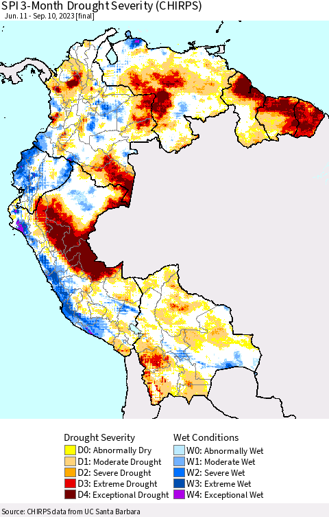 Northern South America SPI 3-Month Drought Severity (CHIRPS) Thematic Map For 6/11/2023 - 9/10/2023