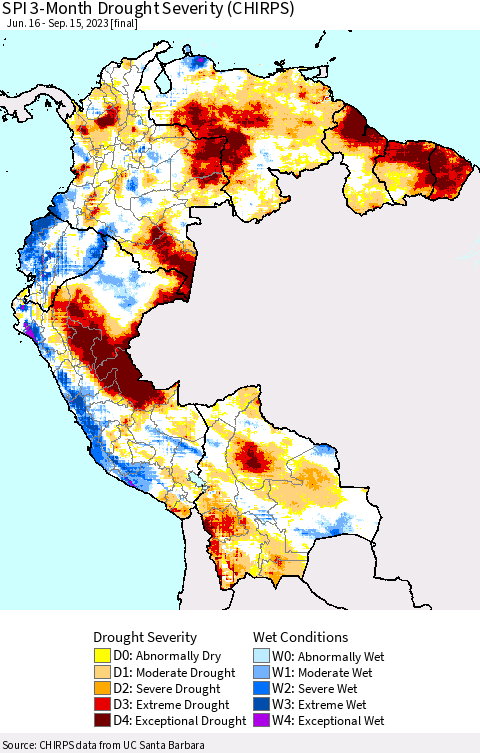 Northern South America SPI 3-Month Drought Severity (CHIRPS) Thematic Map For 6/16/2023 - 9/15/2023