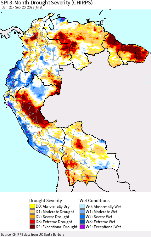 Northern South America SPI 3-Month Drought Severity (CHIRPS) Thematic Map For 6/21/2023 - 9/20/2023