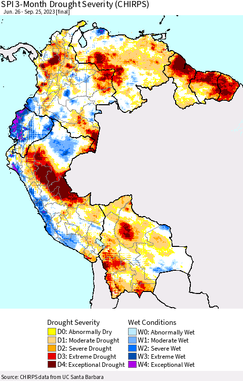 Northern South America SPI 3-Month Drought Severity (CHIRPS) Thematic Map For 6/26/2023 - 9/25/2023