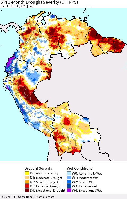 Northern South America SPI 3-Month Drought Severity (CHIRPS) Thematic Map For 7/1/2023 - 9/30/2023