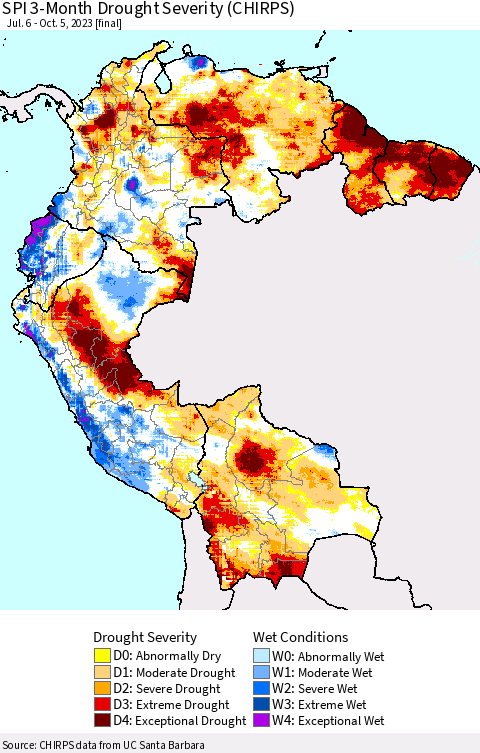 Northern South America SPI 3-Month Drought Severity (CHIRPS) Thematic Map For 7/6/2023 - 10/5/2023