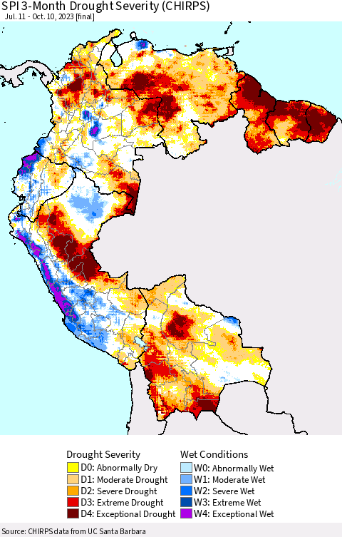 Northern South America SPI 3-Month Drought Severity (CHIRPS) Thematic Map For 7/11/2023 - 10/10/2023