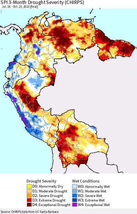 Northern South America SPI 3-Month Drought Severity (CHIRPS) Thematic Map For 7/16/2023 - 10/15/2023