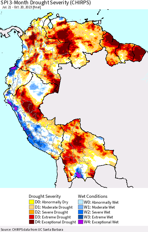 Northern South America SPI 3-Month Drought Severity (CHIRPS) Thematic Map For 7/21/2023 - 10/20/2023