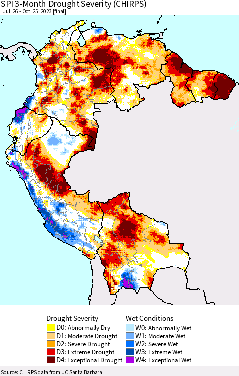 Northern South America SPI 3-Month Drought Severity (CHIRPS) Thematic Map For 7/26/2023 - 10/25/2023