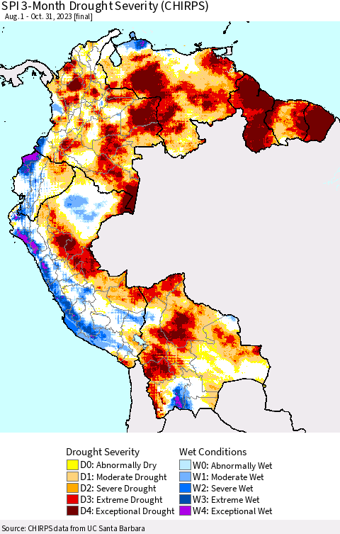 Northern South America SPI 3-Month Drought Severity (CHIRPS) Thematic Map For 8/1/2023 - 10/31/2023