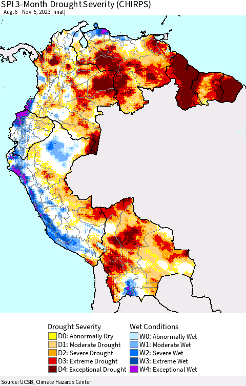 Northern South America SPI 3-Month Drought Severity (CHIRPS) Thematic Map For 8/6/2023 - 11/5/2023