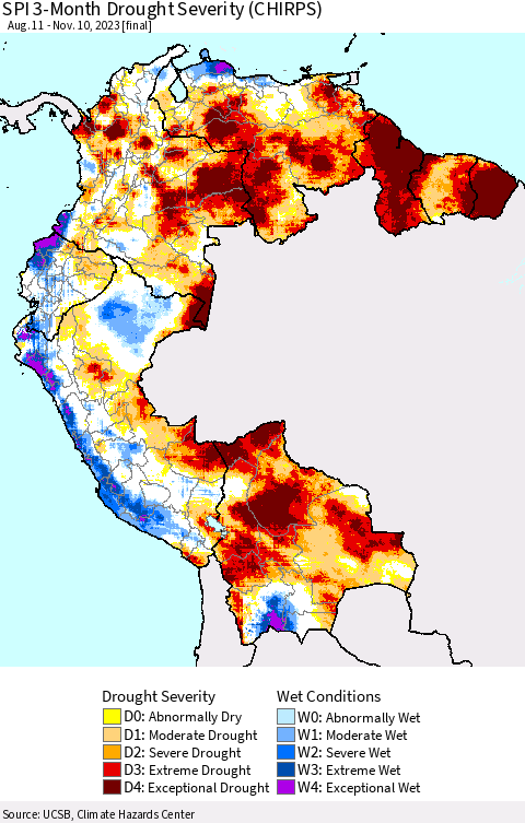 Northern South America SPI 3-Month Drought Severity (CHIRPS) Thematic Map For 8/11/2023 - 11/10/2023